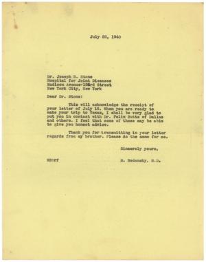 Primary view of object titled '[Correspondence between Joseph Stone and Meyer Bodansky - July 1940]'.