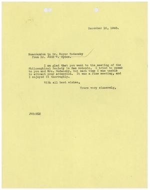 [Correspondence between Meyer Bodansky and John W. Spies - December 1940]