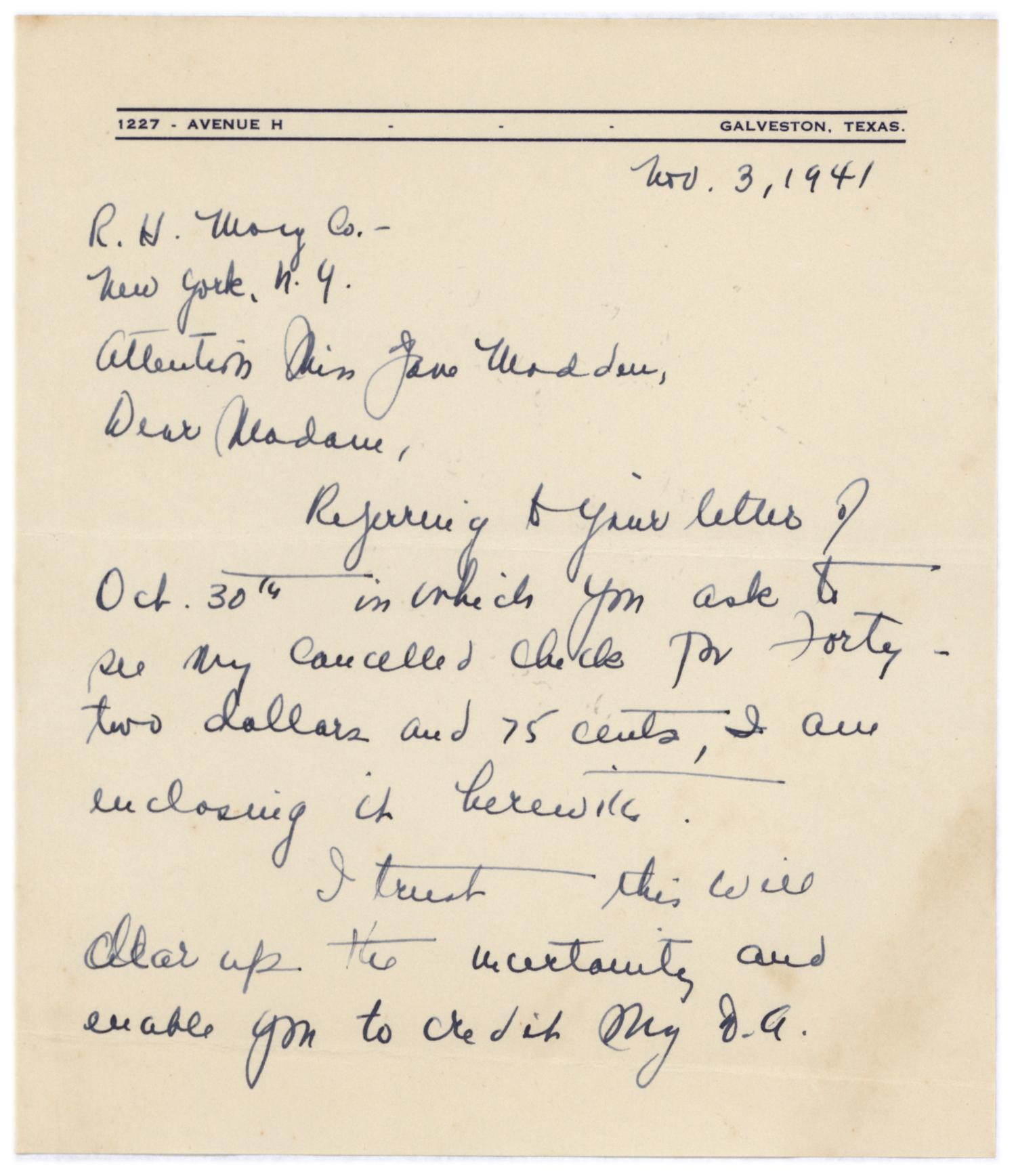 [Letter to R. H. Woy Co. - November 3, 1941]
                                                
                                                    [Sequence #]: 1 of 2
                                                
