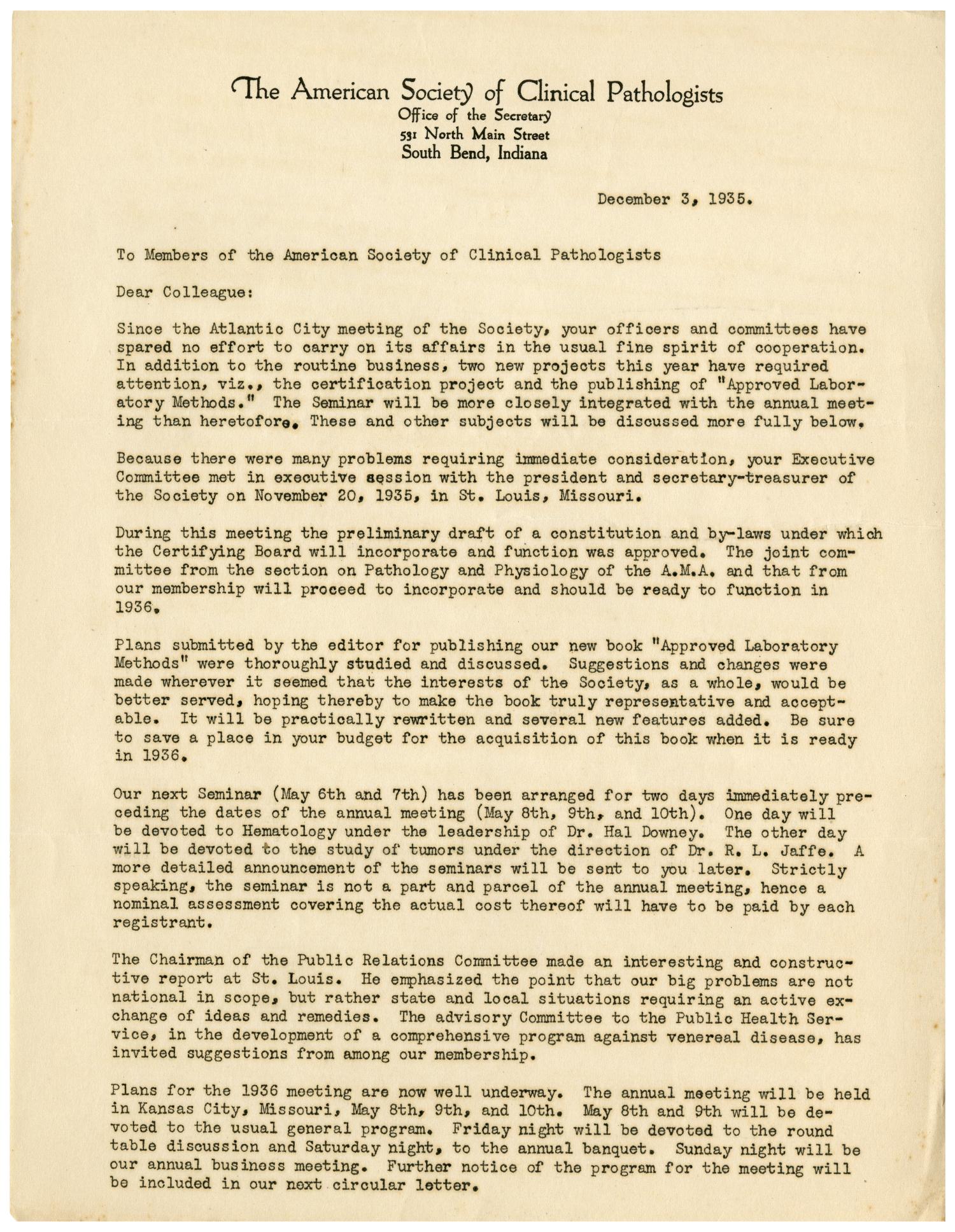 [Letter from The American Society of Clinical Pathologists - December 3, 1935]
                                                
                                                    [Sequence #]: 1 of 2
                                                