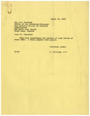 Primary view of object titled '[Correspondence between A. S. Giordano and Dr. Meyer Bodansky - March 1938]'.