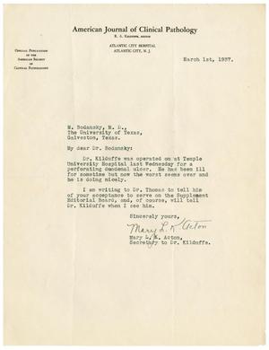 [Letter from Mary L. K. Acton to Dr. Meyer Bodansky - March 1, 1937]