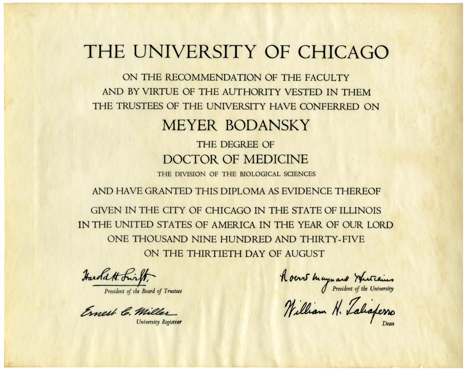 [Meyer Bodansky's Doctorate of Medicine Diploma from the 