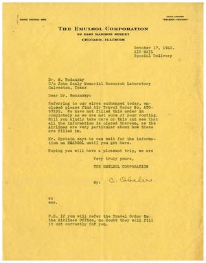 Primary view of object titled '[Letter from The Emulsol Corporation to Dr. Meyer Bodansky - October 17, 1940]'.