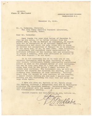 [Letter from George P. McCabe to Dr. Meyer Bodansky - December 11, 1940]