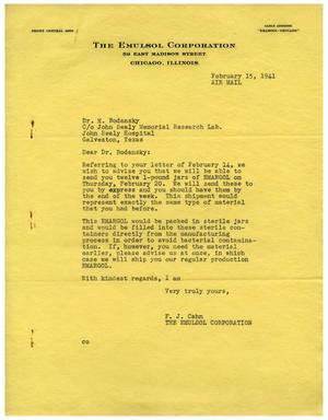 [Letter from The Emulsol Corporation to Dr. Meyer Bodansky - February 15, 1941]