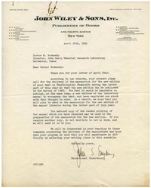 [Letter from John Wiley & Sons, Inc. to Dr. Meyer Bodansky - April 30, 1941]