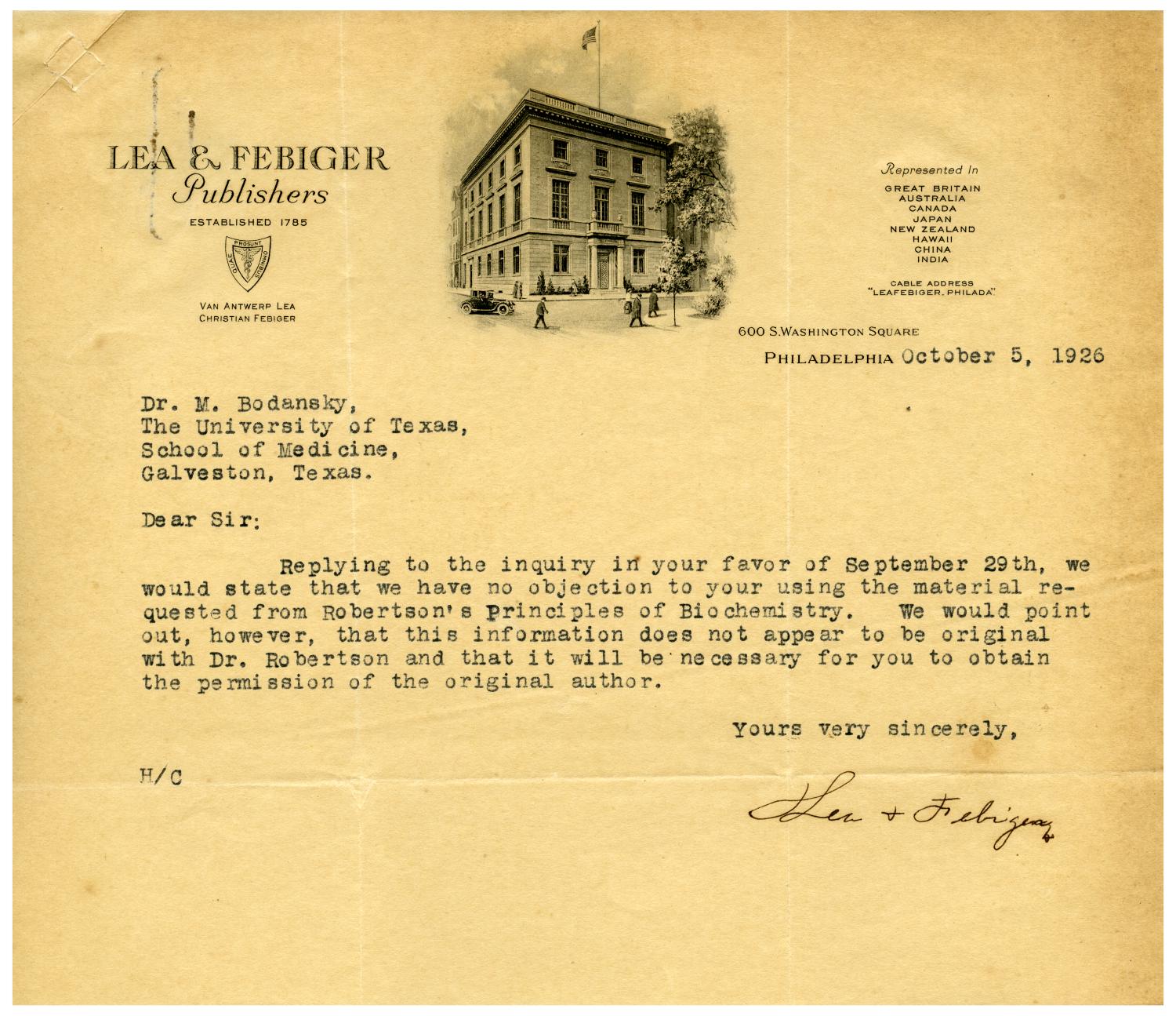 [Correspondence between Meyer Bodansky and Lea and Feibiger Publishers - 1926]
                                                
                                                    [Sequence #]: 3 of 4
                                                