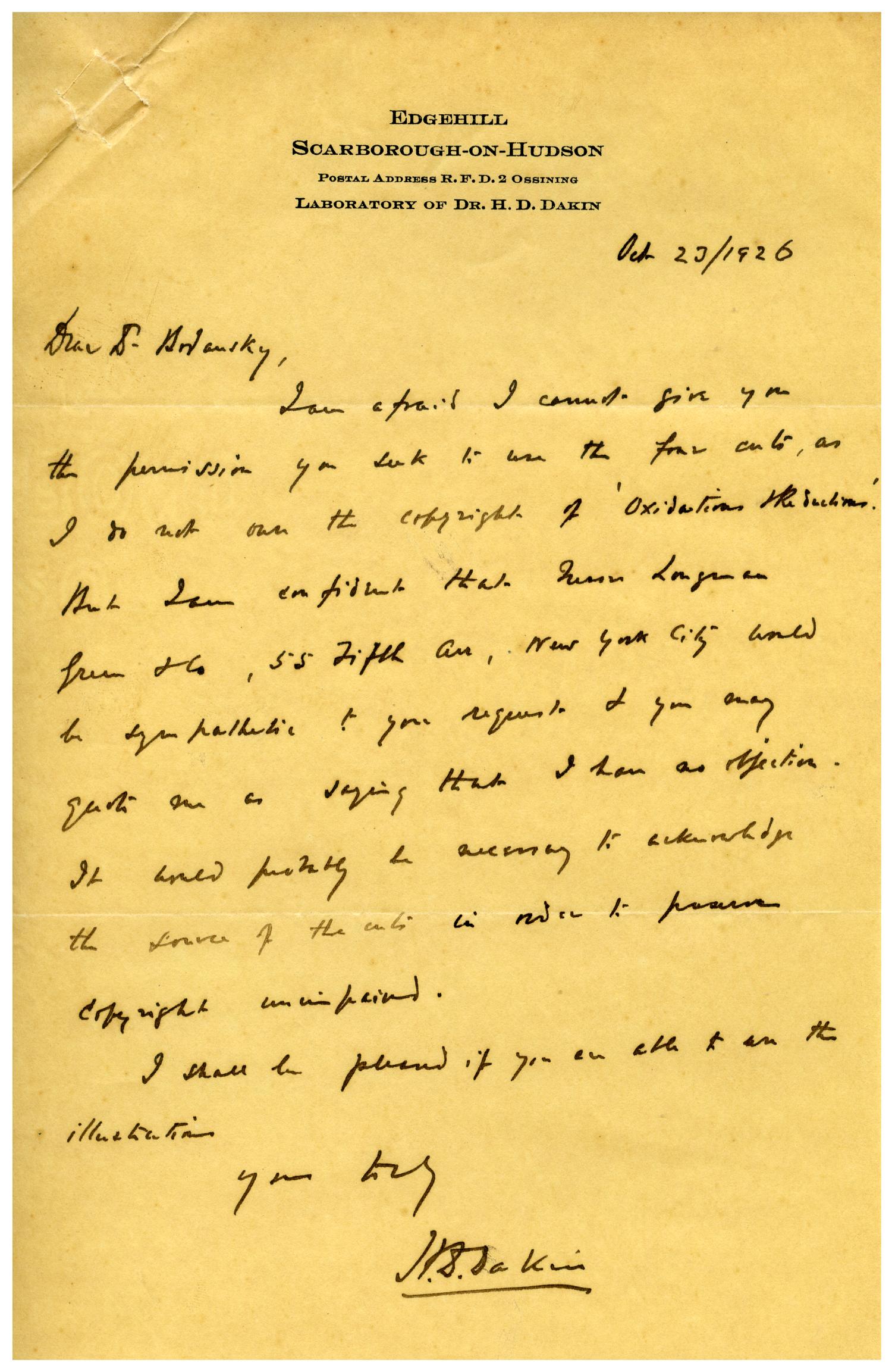 [Correspondence between Meyer Bodansky and Dr. H. D. Dakin - October 1926]
                                                
                                                    [Sequence #]: 3 of 4
                                                