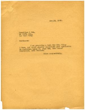 Primary view of object titled '[Letter from Meyer Bodansky to MacMillan and Son Publishers - November 10, 1926]'.