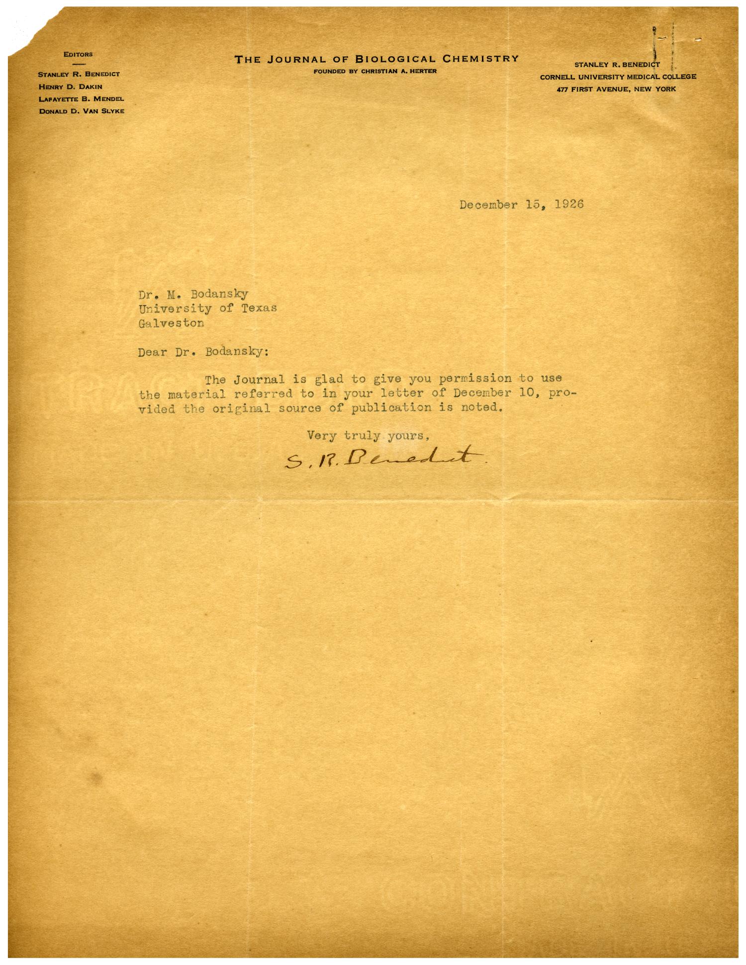 [Letters between Dr. Meyer Bodansky and Stanley R. Benedict - December 1926]
                                                
                                                    [Sequence #]: 3 of 4
                                                