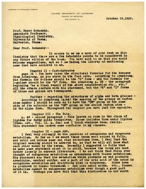 [Letter from Sidney Bliss to Dr. Meyer Bodansky - October 29, 1929]