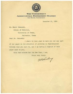 [Letter from the Connecticut Agricultural Experiment Station to Dr. Meyer Bodansky - December 31, 1929]