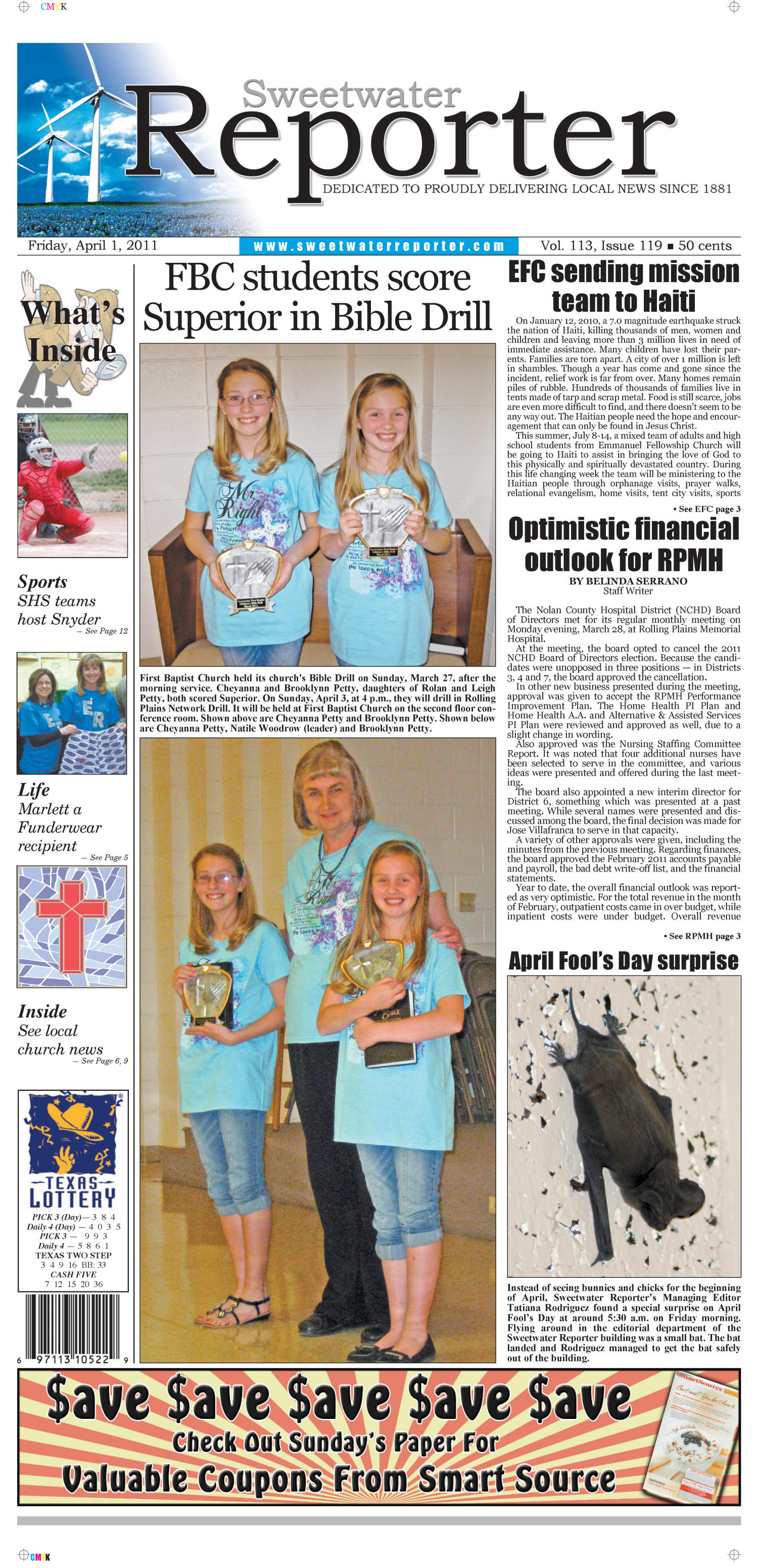 Sweetwater Reporter (Sweetwater, Tex.), Vol. 113, No. 119, Ed. 1 Friday, April 1, 2011
                                                
                                                    [Sequence #]: 1 of 12
                                                
