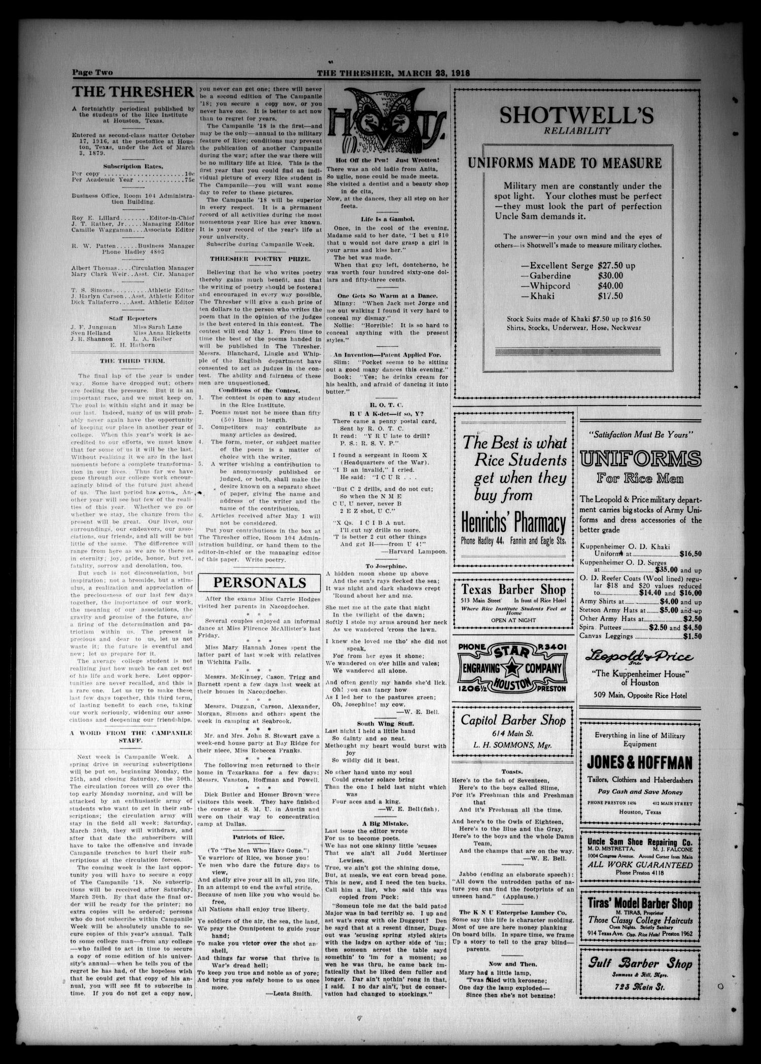 The Thresher (Houston, Tex.), Vol. 3, No. 11, Ed. 1 Saturday, March 23, 1918
                                                
                                                    [Sequence #]: 2 of 4
                                                