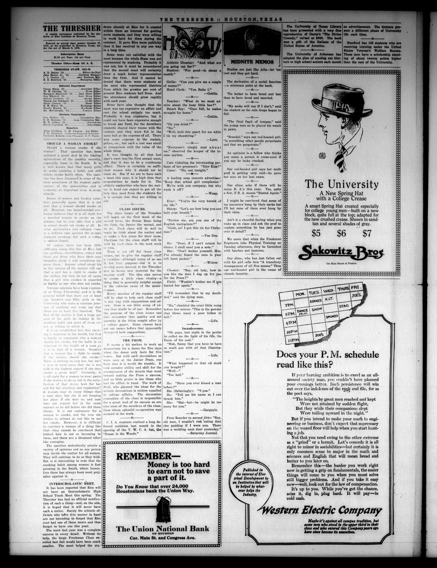 The Thresher (Houston, Tex.), Vol. 7, No. 20, Ed. 1 Friday, February 24, 1922
                                                
                                                    [Sequence #]: 2 of 4
                                                