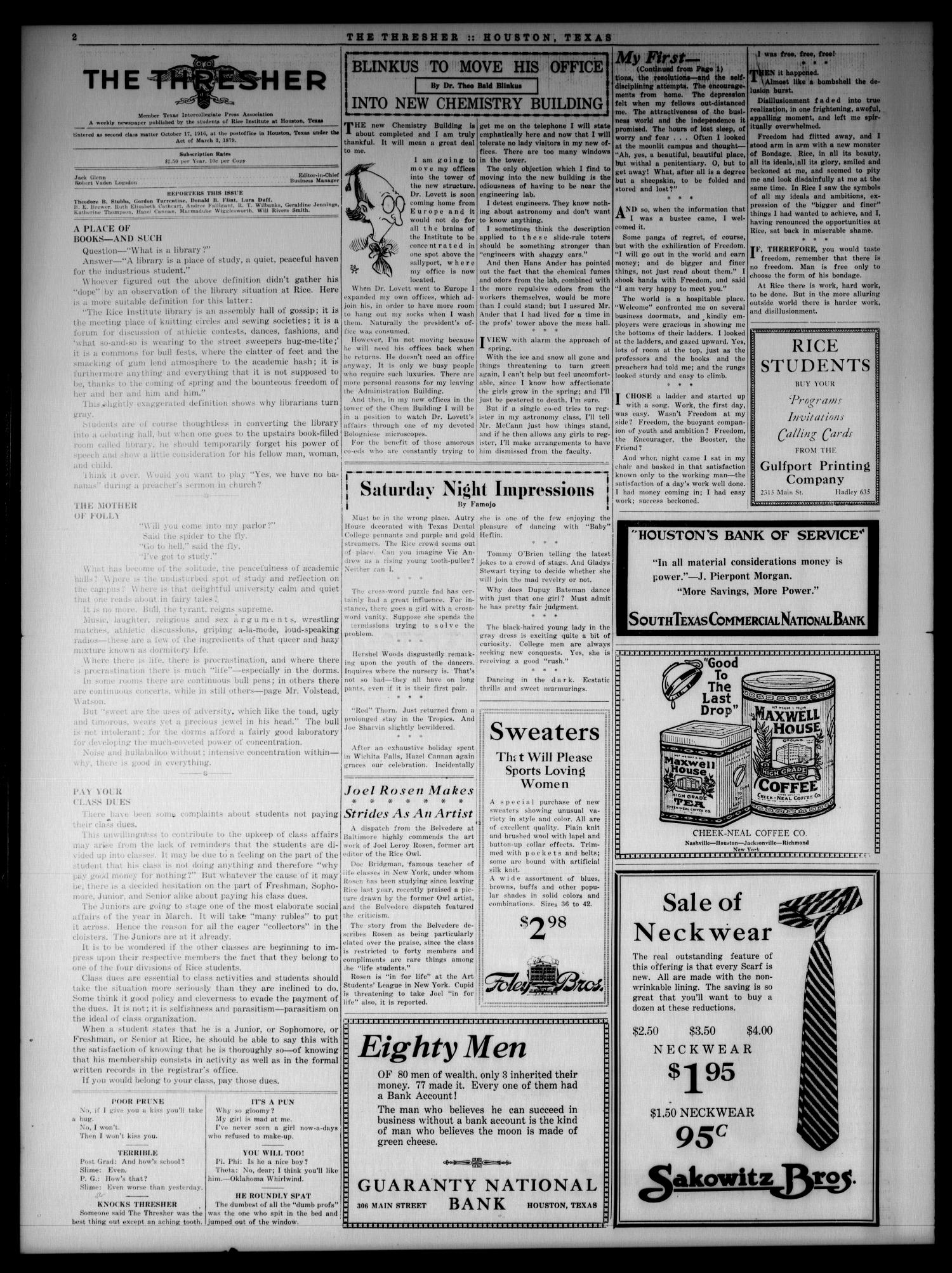 The Thresher (Houston, Tex.), Vol. 10, No. 16, Ed. 1 Friday, January 23, 1925
                                                
                                                    [Sequence #]: 2 of 4
                                                