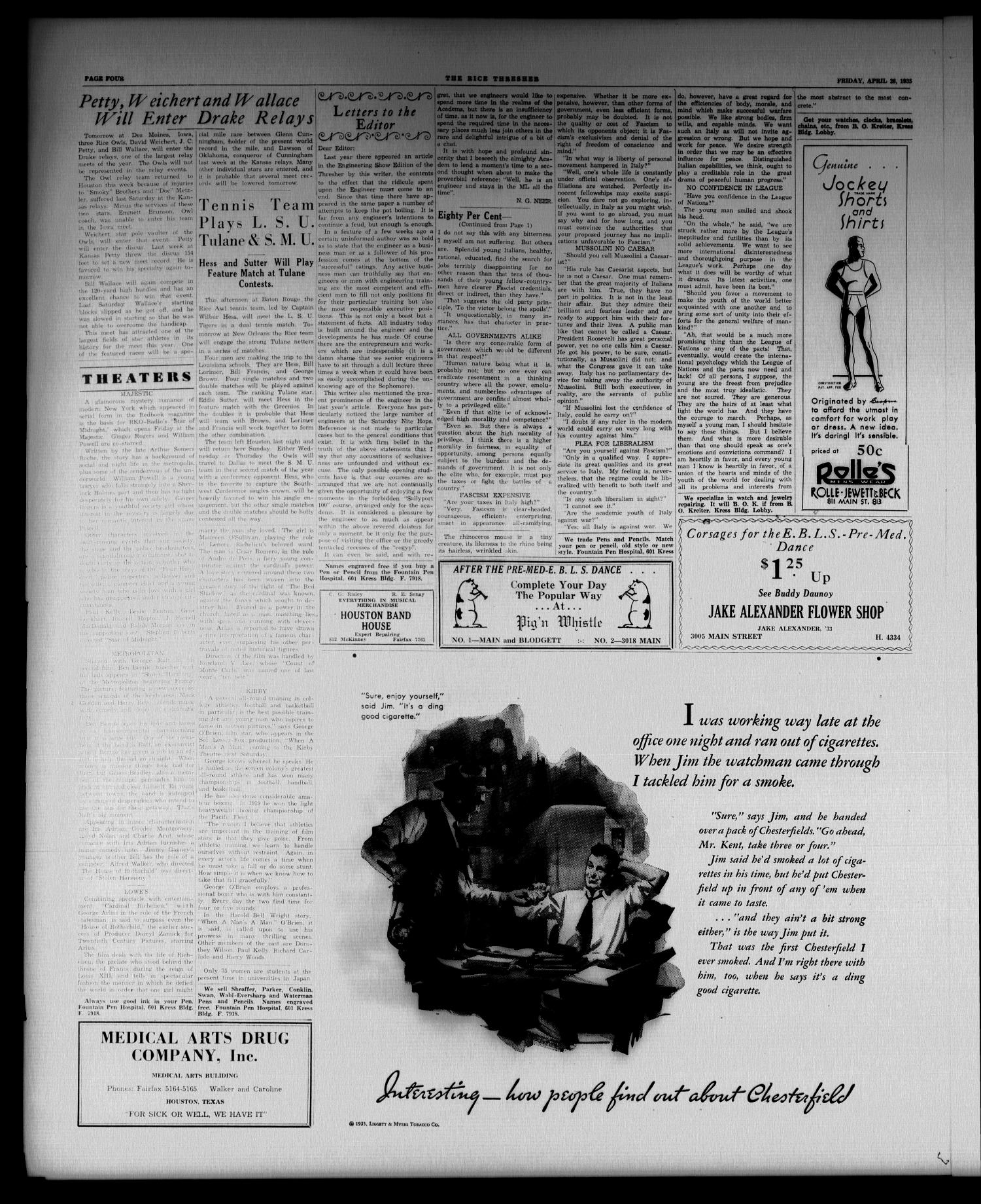 The Thresher (Houston, Tex.), Vol. 20, No. 28, Ed. 1 Friday, April 26, 1935
                                                
                                                    [Sequence #]: 4 of 4
                                                