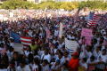 Photograph: [Large Crowd of Protesters Wave Signs and American Flags]