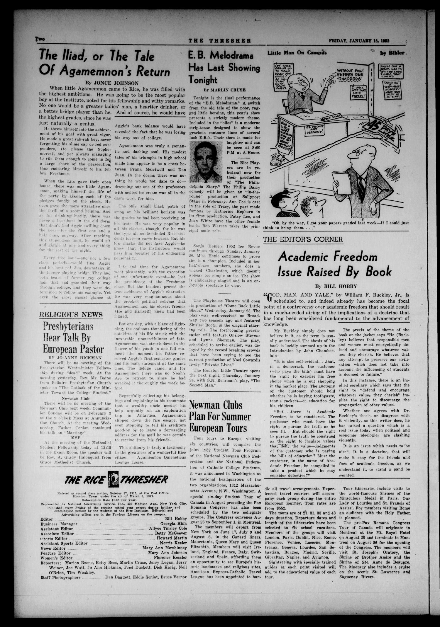 The Thresher (Houston, Tex.), Vol. 39, No. 16, Ed. 1 Friday, January 18, 1952
                                                
                                                    [Sequence #]: 2 of 8
                                                