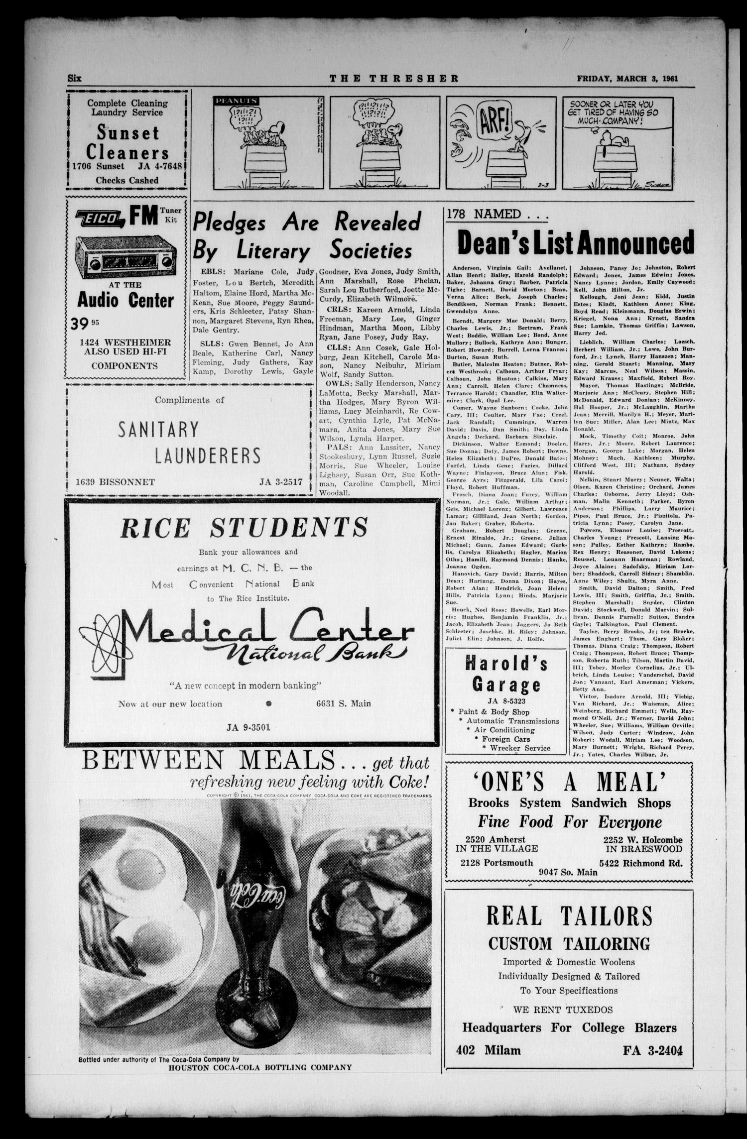 The Rice Thresher (Houston, Tex.), Vol. 48, No. 20, Ed. 1 Friday, March 3, 1961
                                                
                                                    [Sequence #]: 6 of 6
                                                