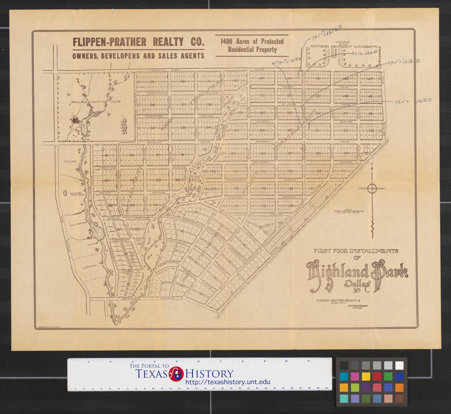 First four installments of Highland Park Dallas., Map shows location of Southern Methodist University campus; the Missouri, Kansas and Texas railway; routes of the street car lines; and the Dallas Country Club. Upper center of map shows fourteen hundred acres of protected residential property. No scale noted., 