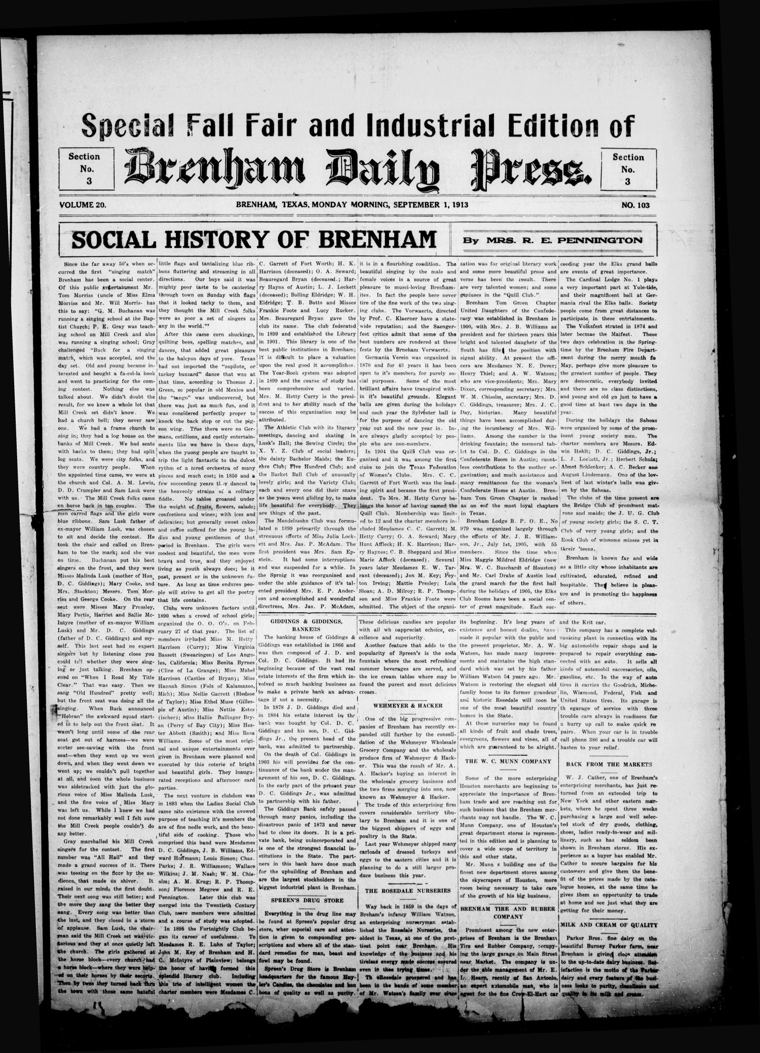 Brenham Daily Press. (Brenham, Tex.), Vol. 20, No. 103, Ed. 1 Monday, September 1, 1913
                                                
                                                    [Sequence #]: 17 of 25
                                                