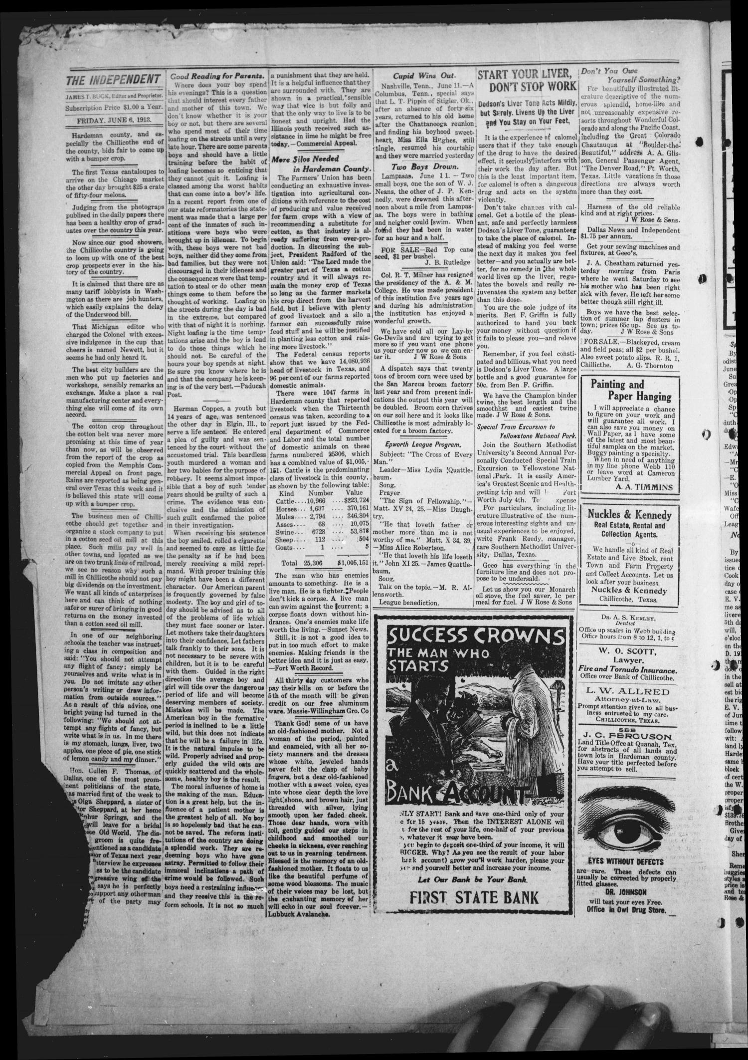 Chillicothe Independent (Chillicothe, Tex.), Vol. 10, No. 23, Ed. 1 Friday, June 13, 1913
                                                
                                                    [Sequence #]: 4 of 8
                                                