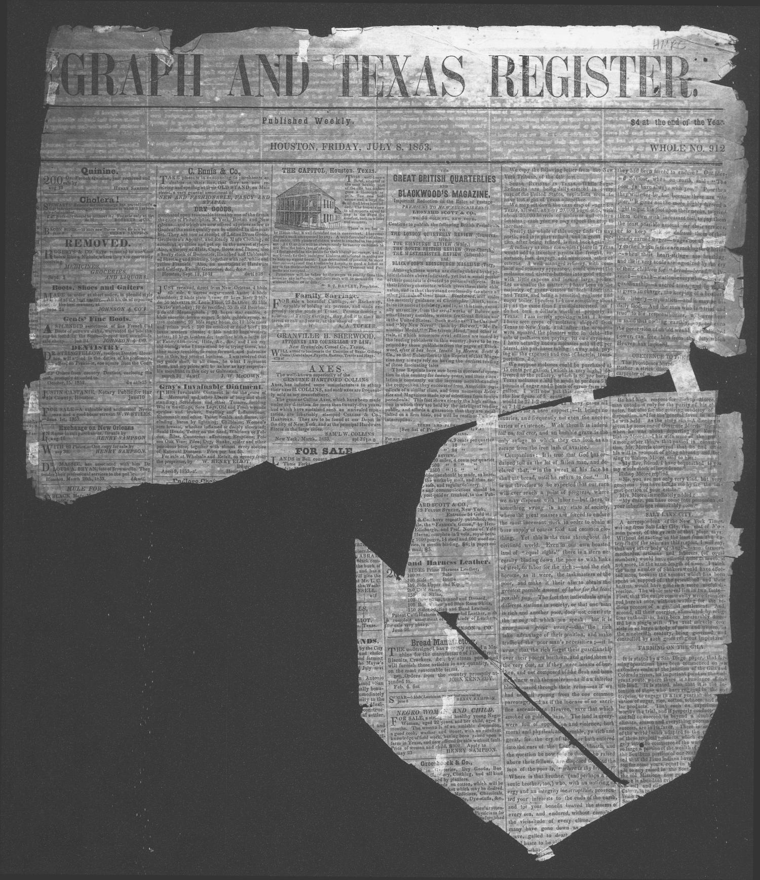 Telegraph And Texas Register (Houston, Tex.), Vol. 18, No. 26, Ed. 1 Friday, July 8, 1853
                                                
                                                    [Sequence #]: 1 of 4
                                                