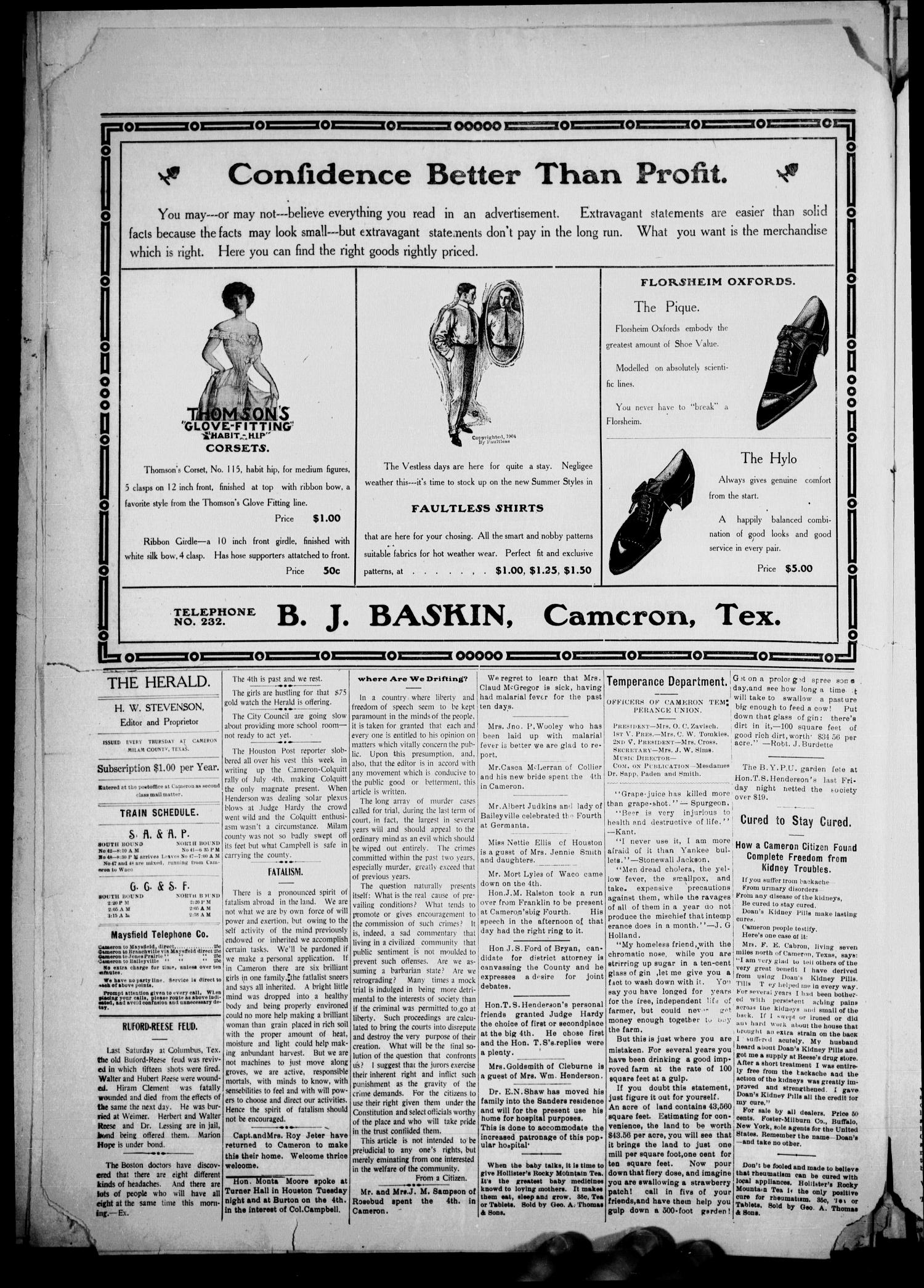 The Cameron Herald. (Cameron, Tex.), Vol. 25, No. 2, Ed. 1 Thursday, July 5, 1906
                                                
                                                    [Sequence #]: 4 of 8
                                                
