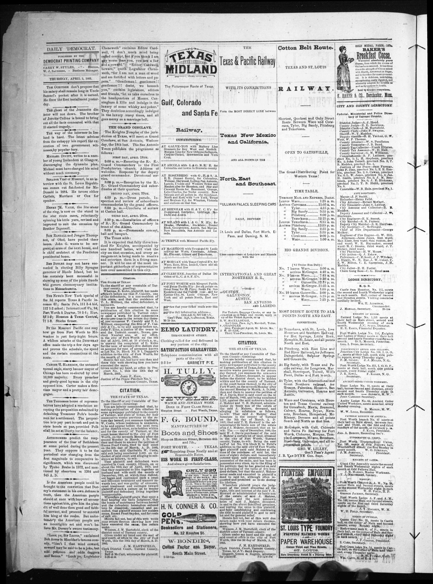 The Daily Democrat. (Fort Worth, Tex.), Vol. 1, No. 122, Ed. 1 Thursday, April 5, 1883
                                                
                                                    [Sequence #]: 2 of 4
                                                