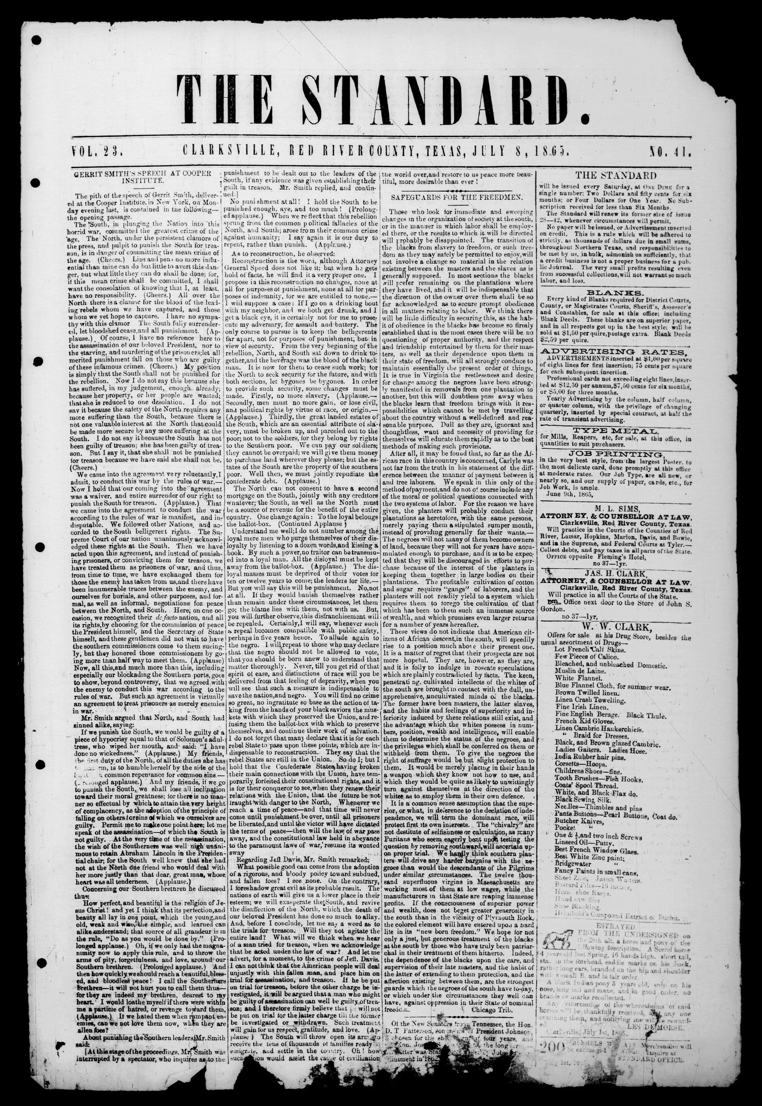 The Standard. (Clarksville, Tex.), Vol. 23, No. 41, Ed. 1 Saturday, July 8, 1865
                                                
                                                    [Sequence #]: 1 of 2
                                                