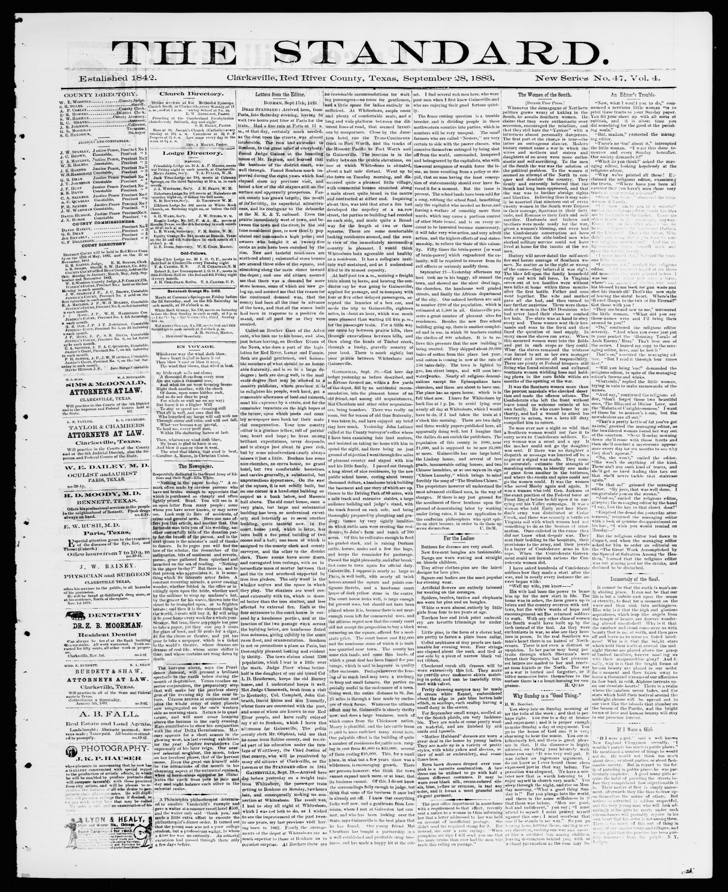 The Standard (Clarksville, Tex.), Vol. 4, No. 47, Ed. 1 Friday, September 28, 1883
                                                
                                                    [Sequence #]: 1 of 4
                                                