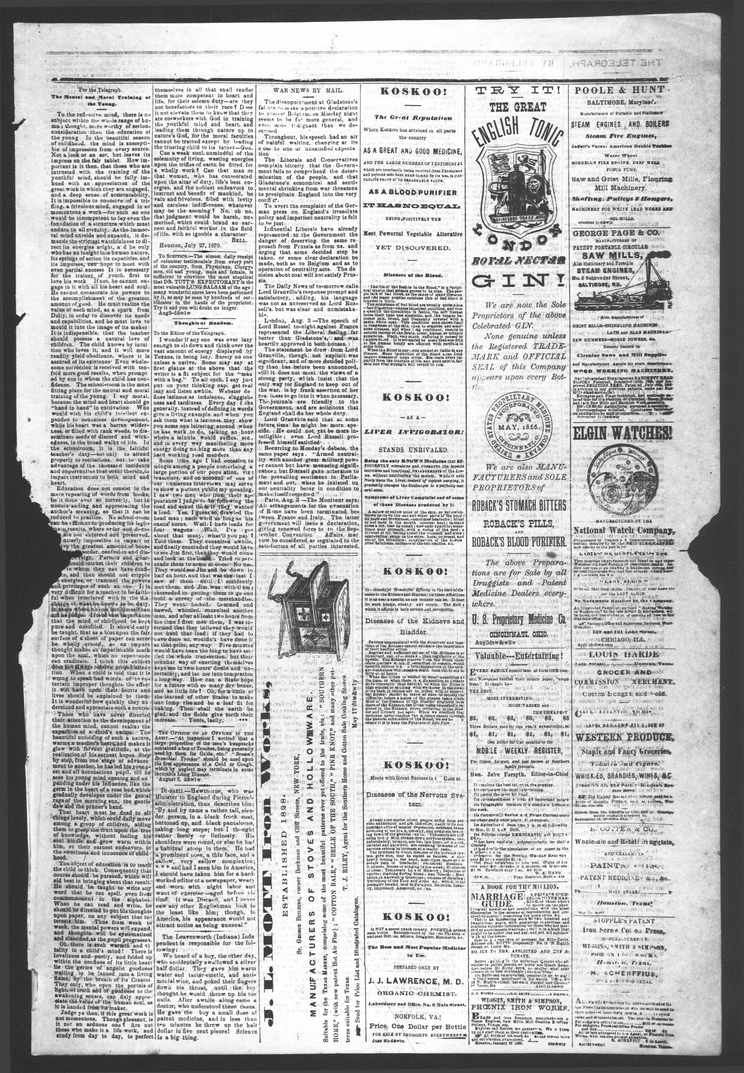 The Houston Telegraph (Houston, Tex.), Vol. 36, No. 20, Ed. 1 Thursday, August 11, 1870
                                                
                                                    [Sequence #]: 5 of 12
                                                
