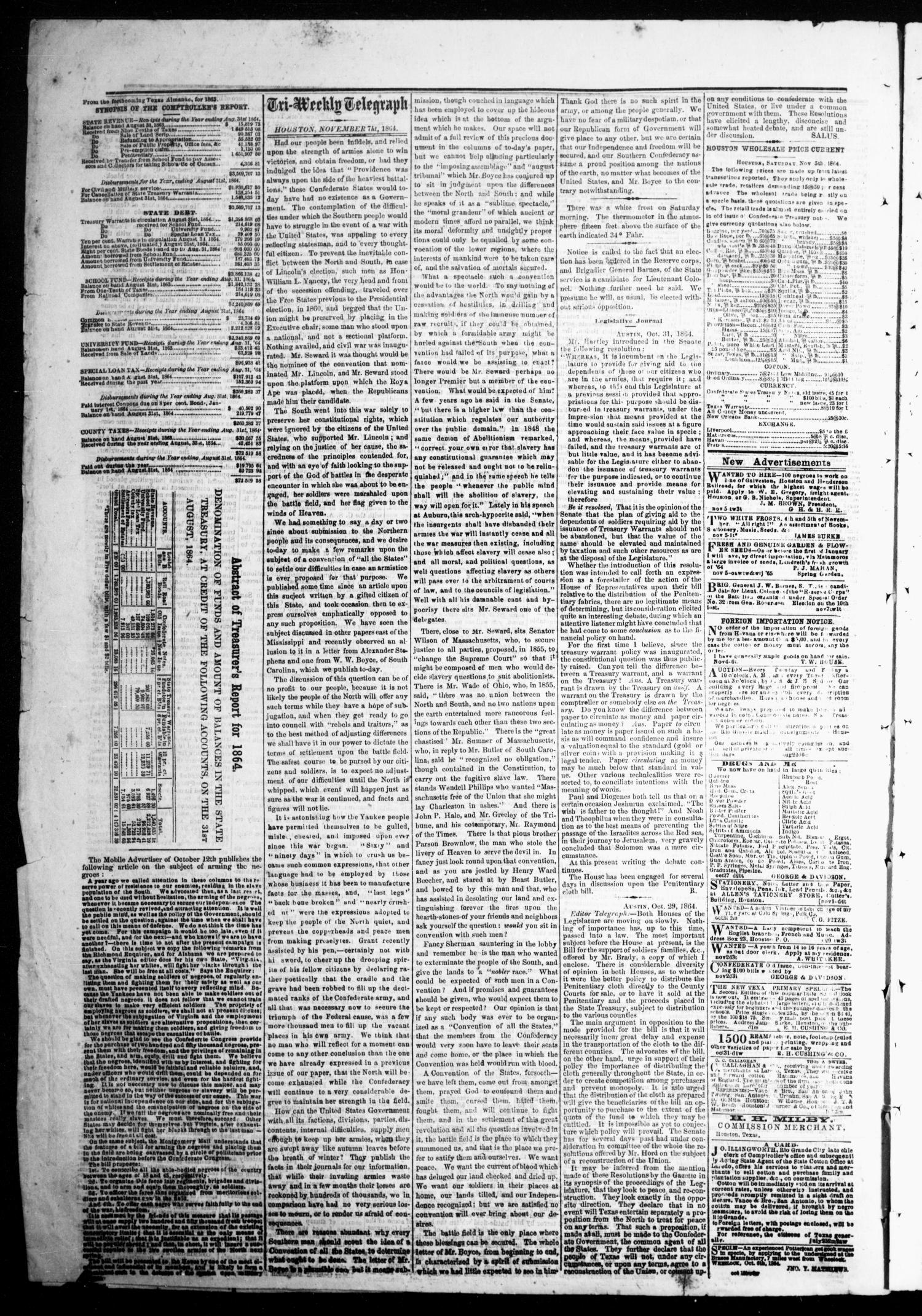 The Houston Tri-Weekly Telegraph (Houston, Tex.), Vol. 29, No. 165, Ed. 1 Monday, November 7, 1864
                                                
                                                    [Sequence #]: 4 of 4
                                                