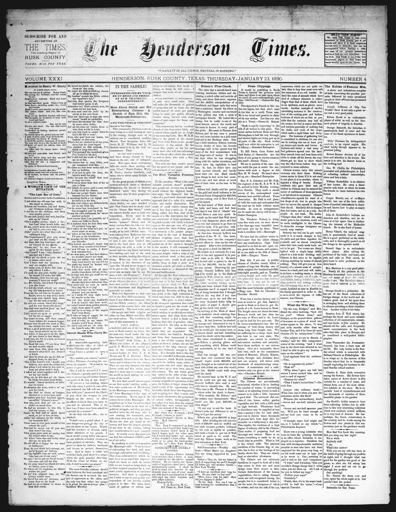 The Henderson Times.  (Henderson, Tex.), Vol. 31, No. 4, Ed. 1 Thursday, January 23, 1890
                                                
                                                    [Sequence #]: 1 of 3
                                                