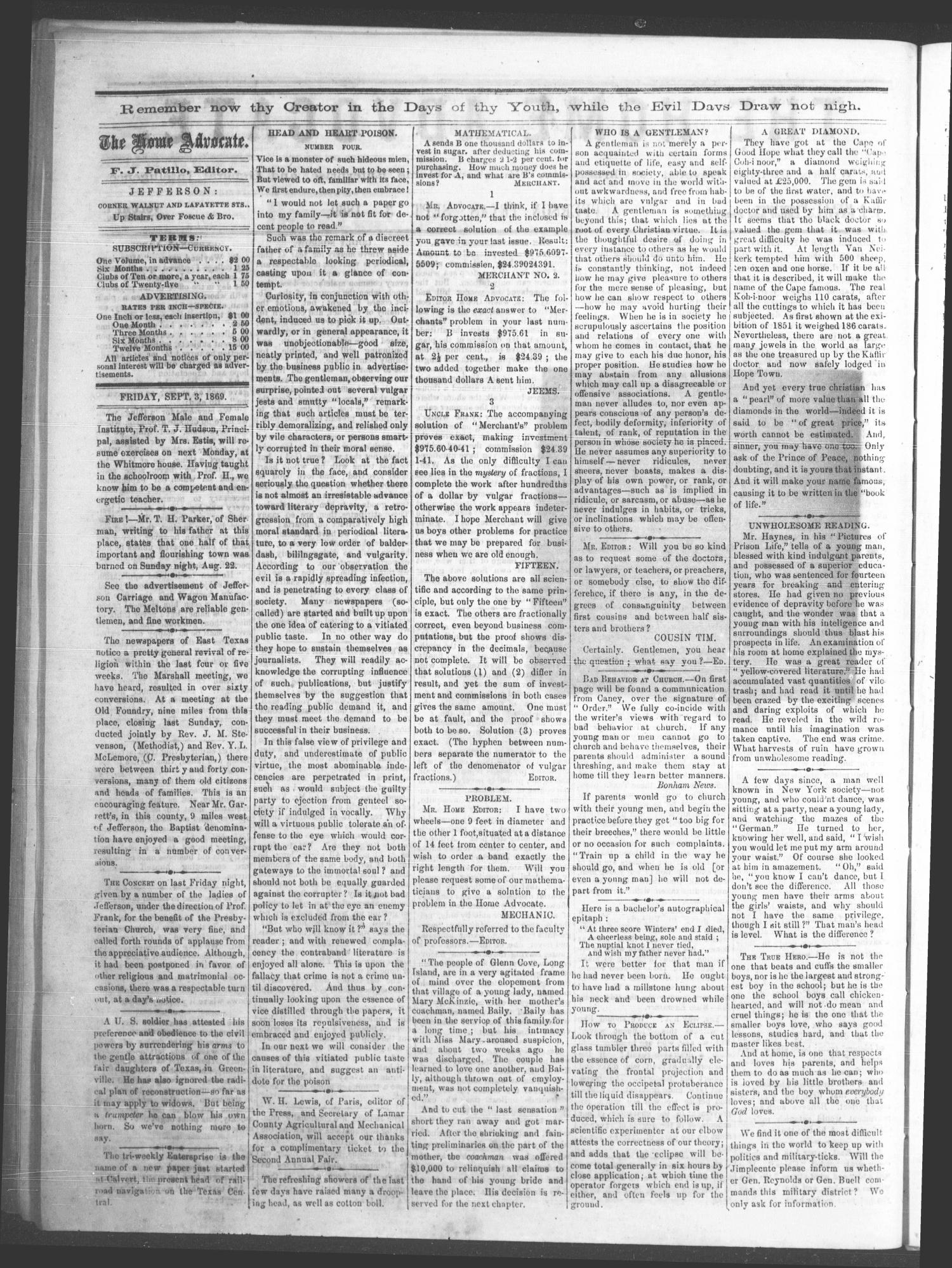 The Home Advocate. (Jefferson, Tex.), Vol. 1, No. 32, Ed. 1 Friday, September 3, 1869
                                                
                                                    [Sequence #]: 4 of 4
                                                