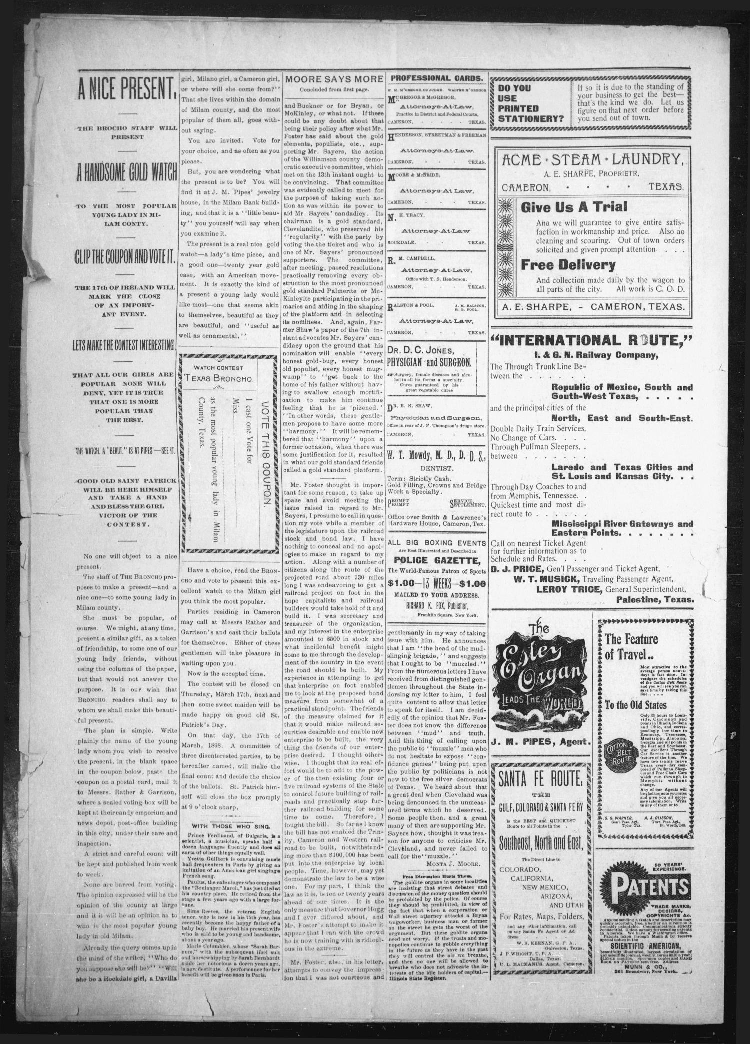 The Texas Broncho. (Cameron, Tex.), Vol. 3, No. 4, Ed. 1 Saturday, January 29, 1898
                                                
                                                    [Sequence #]: 8 of 8
                                                
