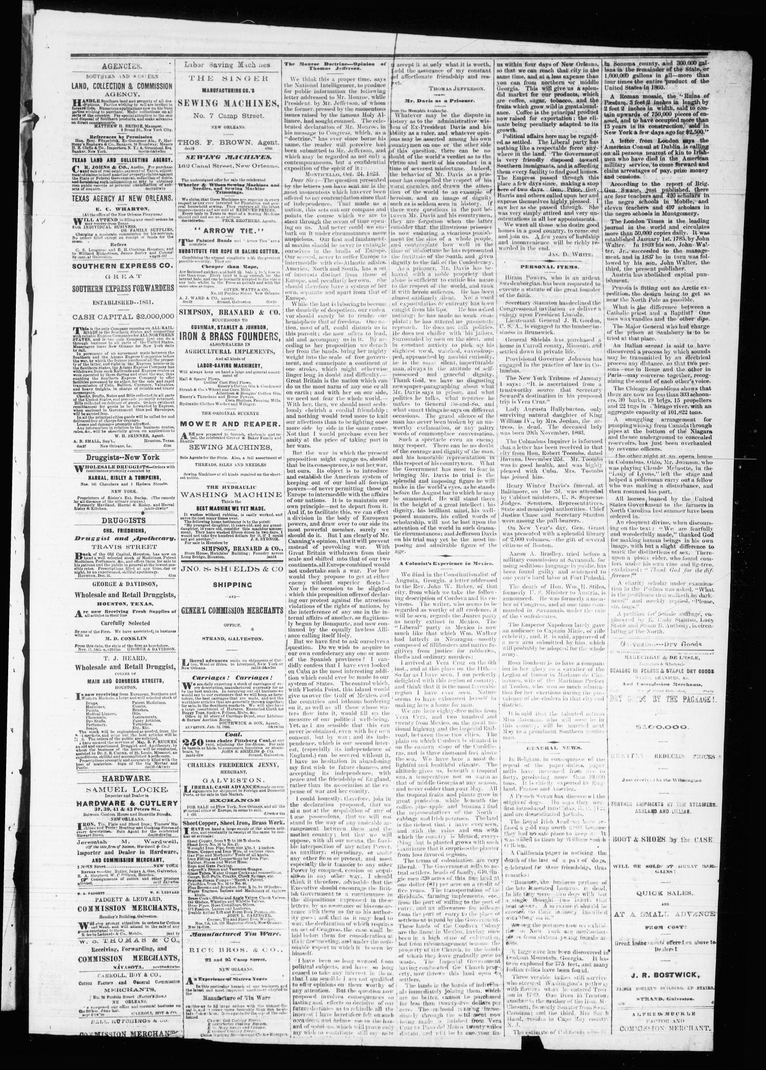 Tri-Weekly Telegraph (Houston, Tex.), Vol. 31, No. 138, Ed. 1 Monday, January 22, 1866
                                                
                                                    [Sequence #]: 3 of 6
                                                