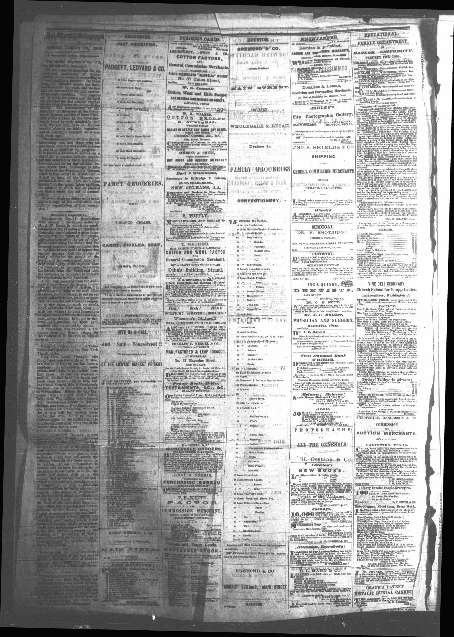 Tri-Weekly Telegraph (Houston, Tex.), Vol. 31, No. 140, Ed. 1 Friday, January 26, 1866
                                                
                                                    [Sequence #]: 4 of 10
                                                