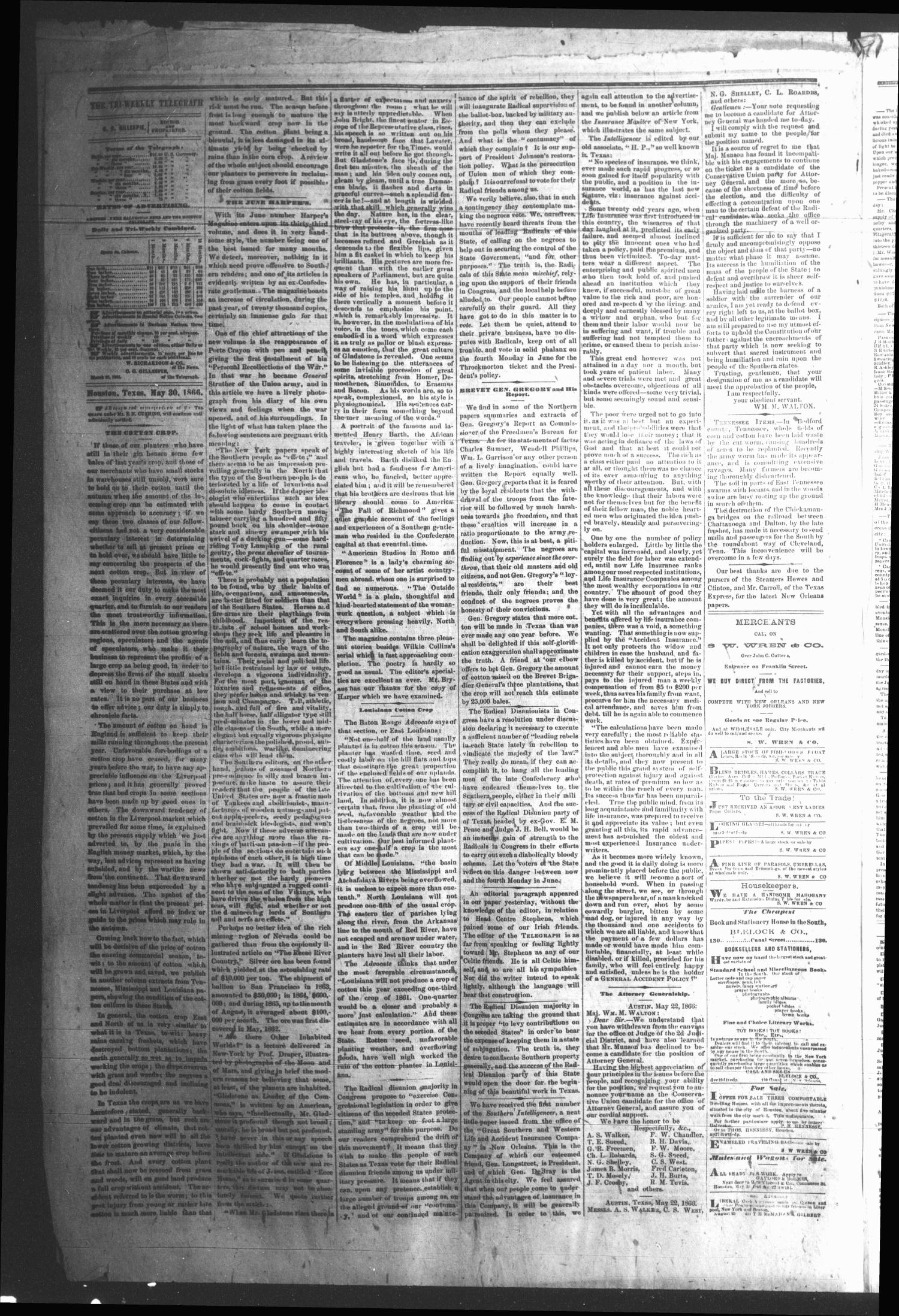 Tri-Weekly Telegraph (Houston, Tex.), Vol. 32, No. 32, Ed. 1 Wednesday, May 30, 1866
                                                
                                                    [Sequence #]: 4 of 16
                                                