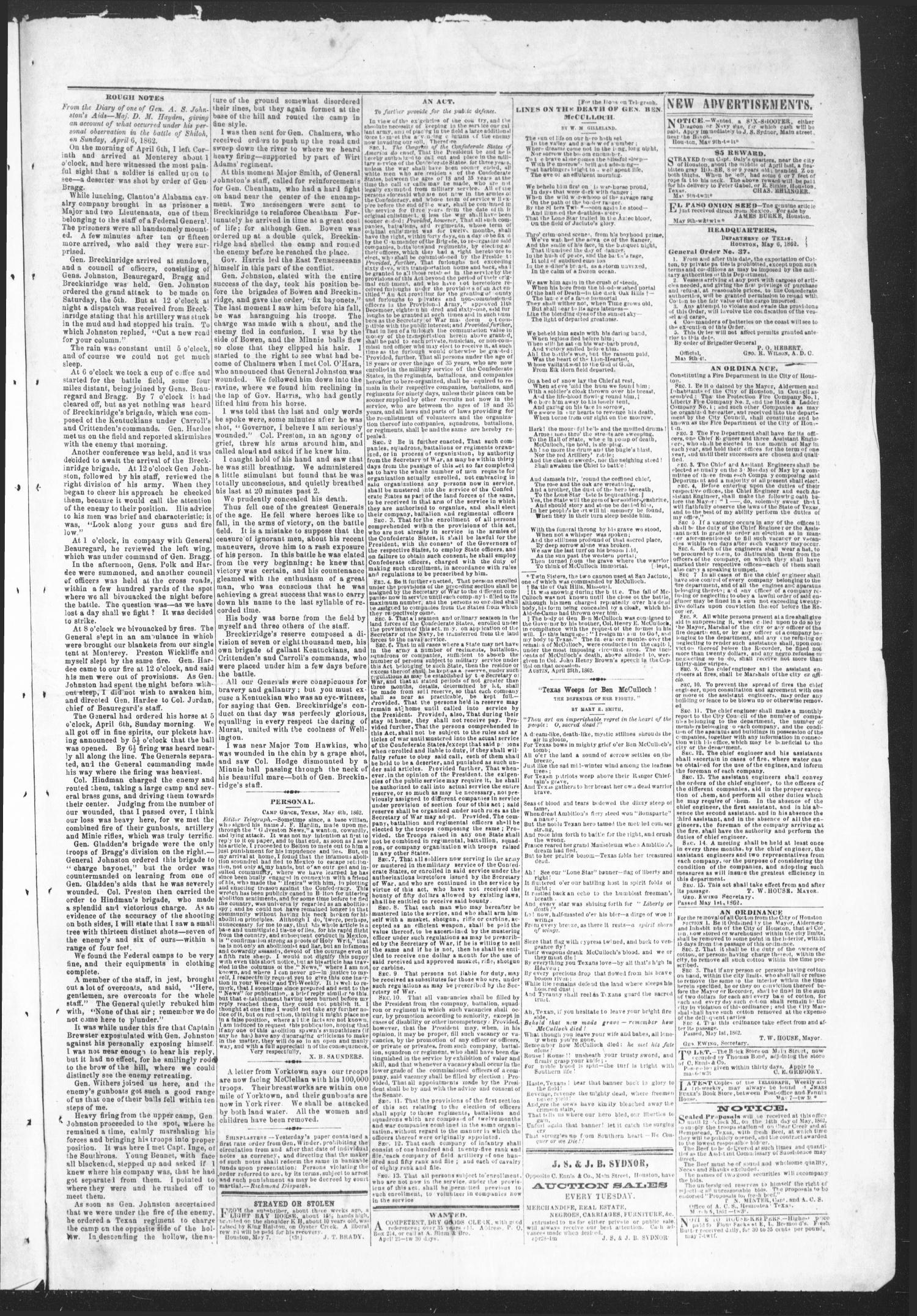 The Tri-Weekly Telegraph (Houston, Tex.), Vol. 28, No. 23, Ed. 1 Friday, May 9, 1862
                                                
                                                    [Sequence #]: 3 of 4
                                                