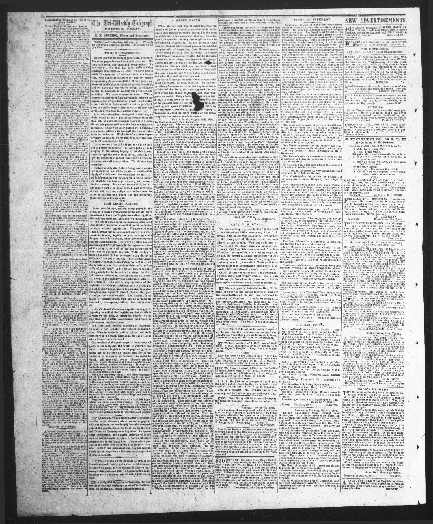 The Tri-Weekly Telegraph (Houston, Tex.), Vol. 28, No. 153, Ed. 1 Monday, March 9, 1863
                                                
                                                    [Sequence #]: 2 of 2
                                                