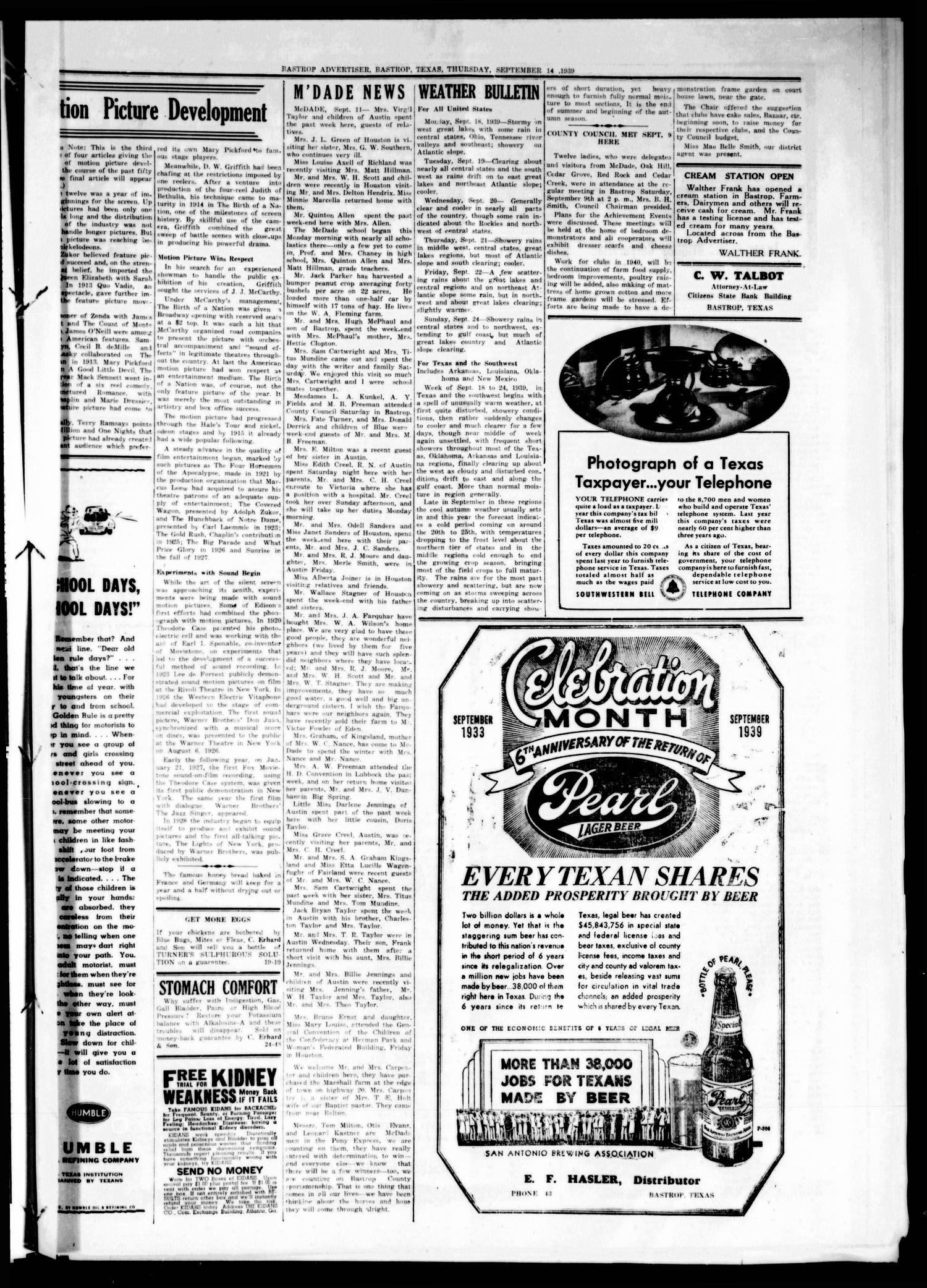 Bastrop Advertiser (Bastrop, Tex.), Vol. 86, No. 26, Ed. 1 Thursday, September 14, 1939
                                                
                                                    [Sequence #]: 3 of 6
                                                