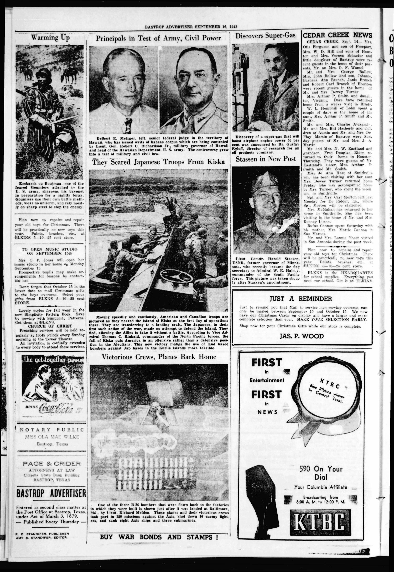 Bastrop Advertiser (Bastrop, Tex.), Vol. 90, No. 26, Ed. 1 Thursday, September 16, 1943
                                                
                                                    [Sequence #]: 4 of 8
                                                