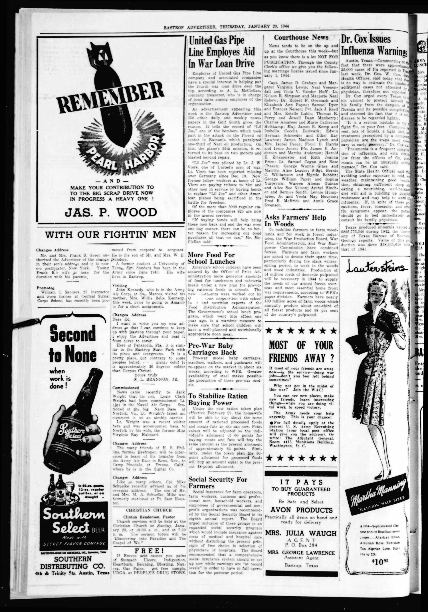 Bastrop Advertiser (Bastrop, Tex.), Vol. 90, No. 44, Ed. 1 Thursday, January 20, 1944
                                                
                                                    [Sequence #]: 4 of 8
                                                