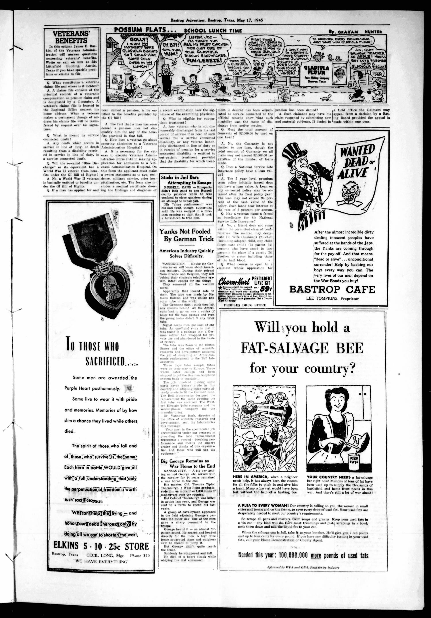 Bastrop Advertiser (Bastrop, Tex.), Vol. 92, No. 9, Ed. 1 Thursday, May 17, 1945
                                                
                                                    [Sequence #]: 3 of 12
                                                