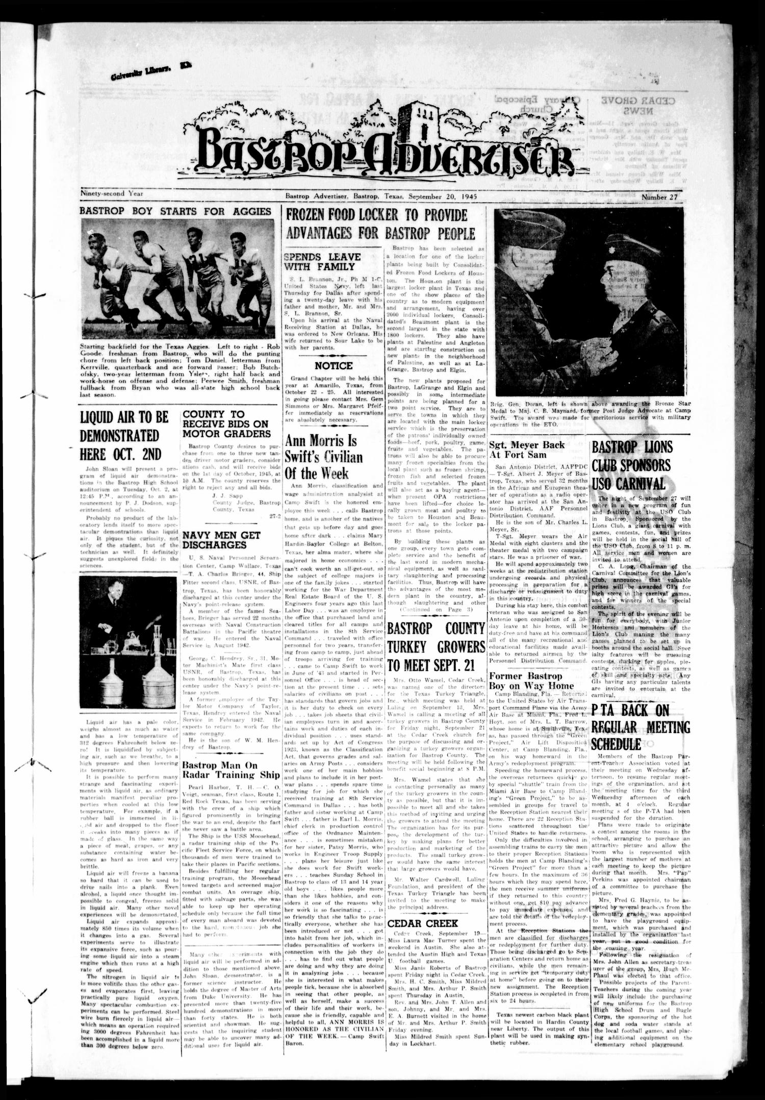 Bastrop Advertiser (Bastrop, Tex.), Vol. 92, No. 27, Ed. 1 Thursday, September 20, 1945
                                                
                                                    [Sequence #]: 1 of 6
                                                