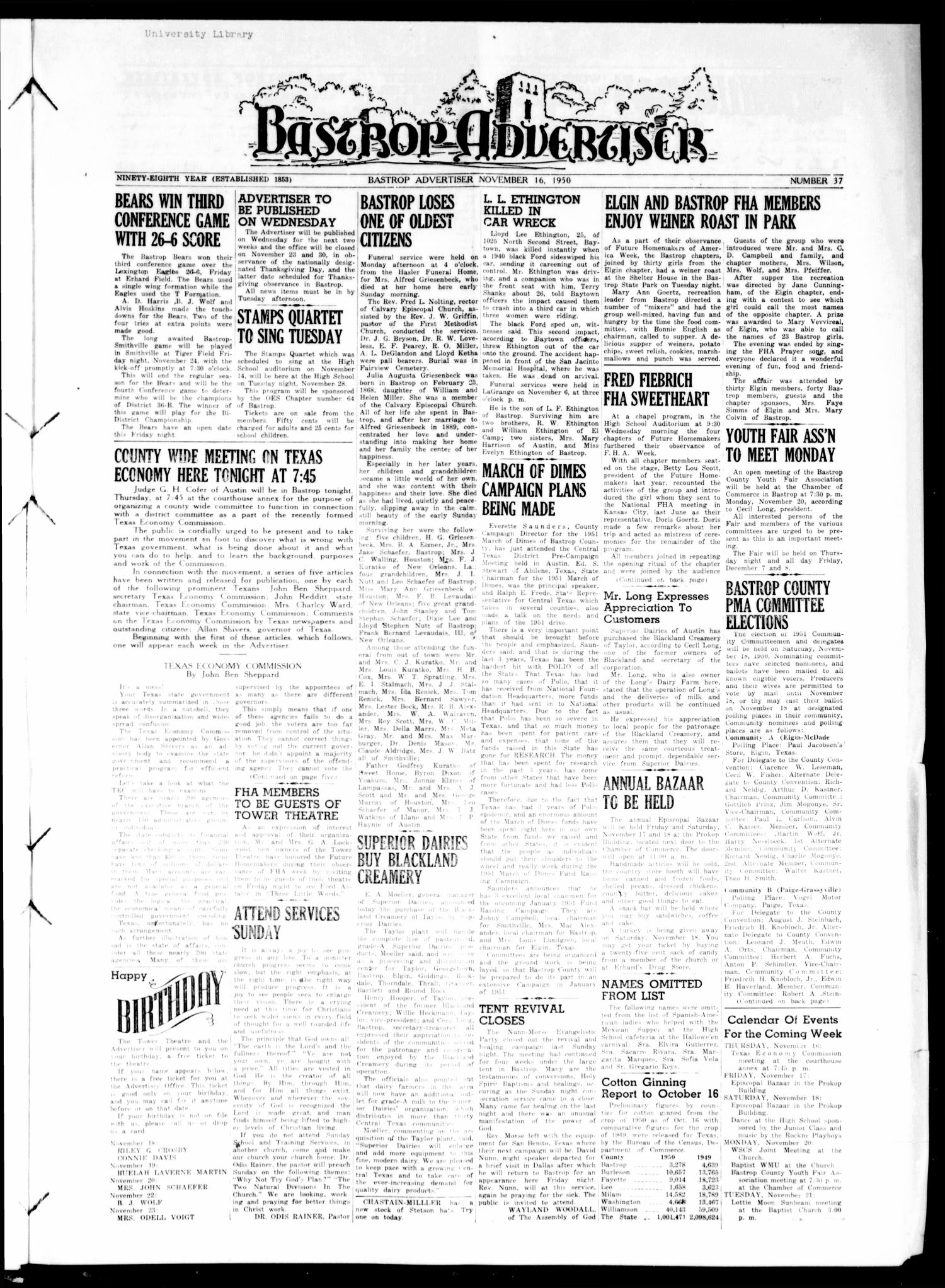 Bastrop Advertiser (Bastrop, Tex.), Vol. 98, No. 37, Ed. 1 Thursday, November 16, 1950
                                                
                                                    [Sequence #]: 1 of 8
                                                