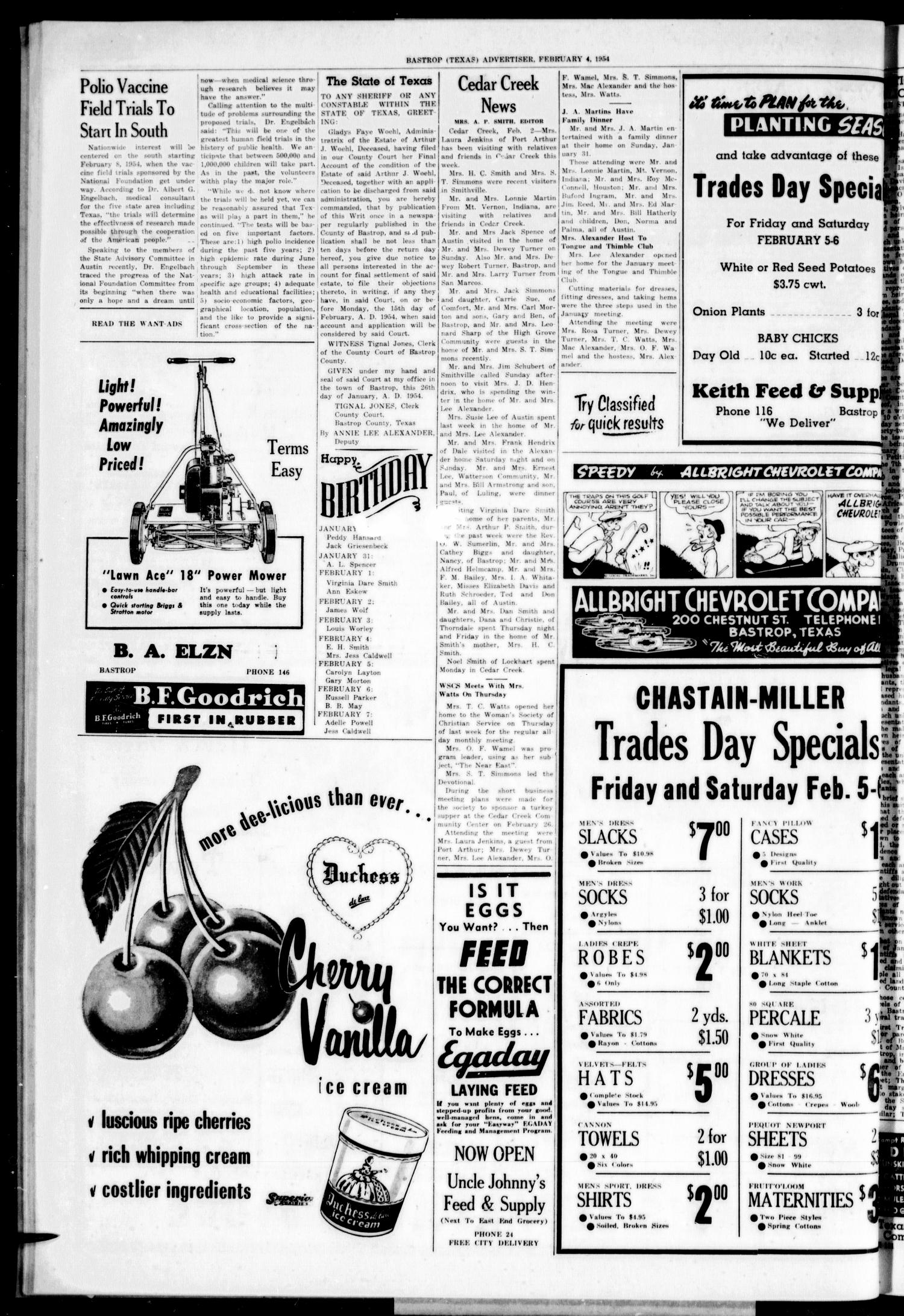 Bastrop Advertiser (Bastrop, Tex.), Vol. 101, No. 49, Ed. 1 Thursday, February 4, 1954
                                                
                                                    [Sequence #]: 6 of 8
                                                